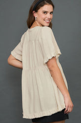 Umgee Full Size Raw Hem Notched Babydoll Linen Blouse Plus Size OutfitFlow